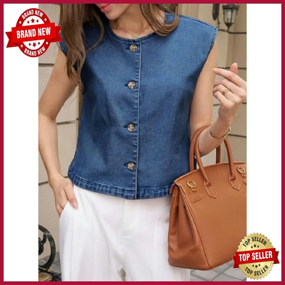 Cropped Denim Vest Cap Sleeve Button Down Summer Casual Waistcoat - Picture 6 of 8